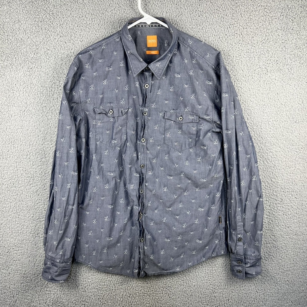 Hugo Boss Orange Label Mens Button Up Shirt Floral‎ Embroidered Allover Size XL
